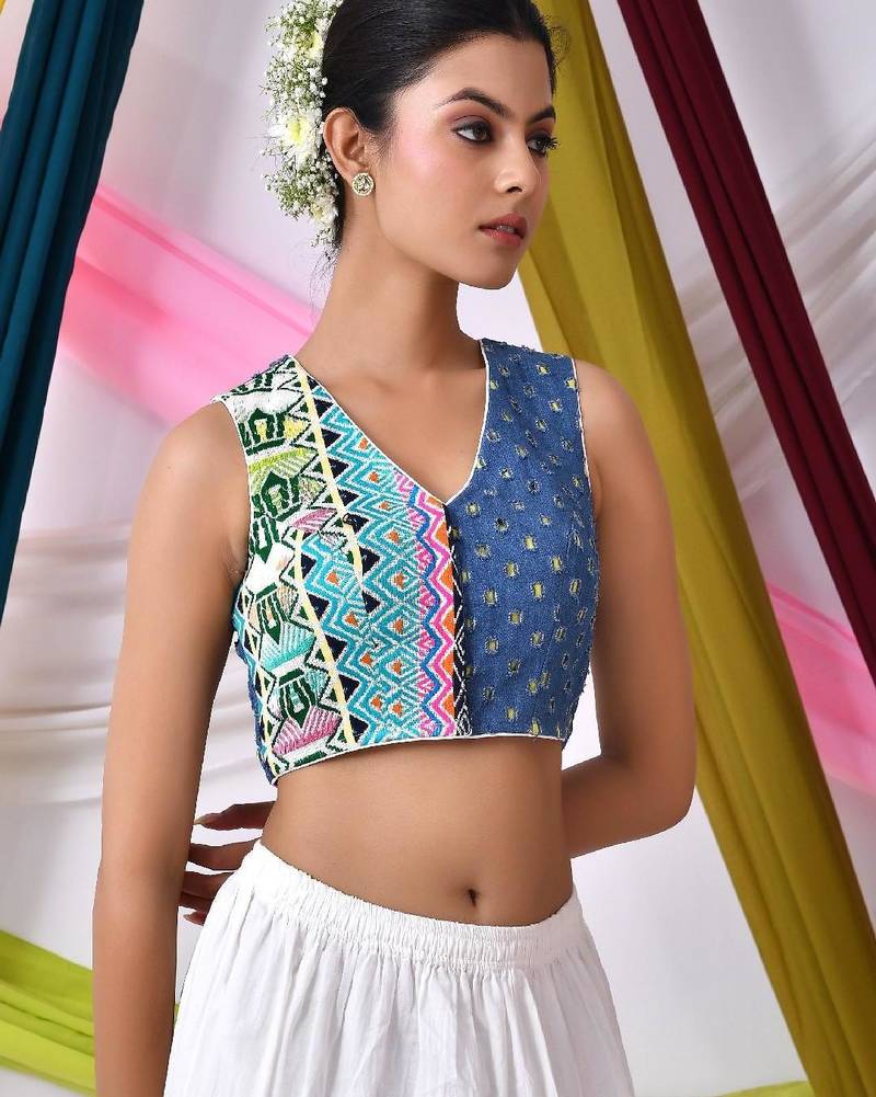 Women Denim Jacaquard Half-and-Half Boho Style Blouse