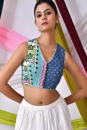 Women Denim Jacaquard Half-and-Half Boho Style Blouse