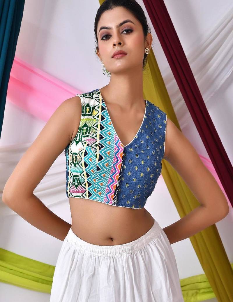 Women Denim Jacaquard Half-and-Half Boho Style Blouse