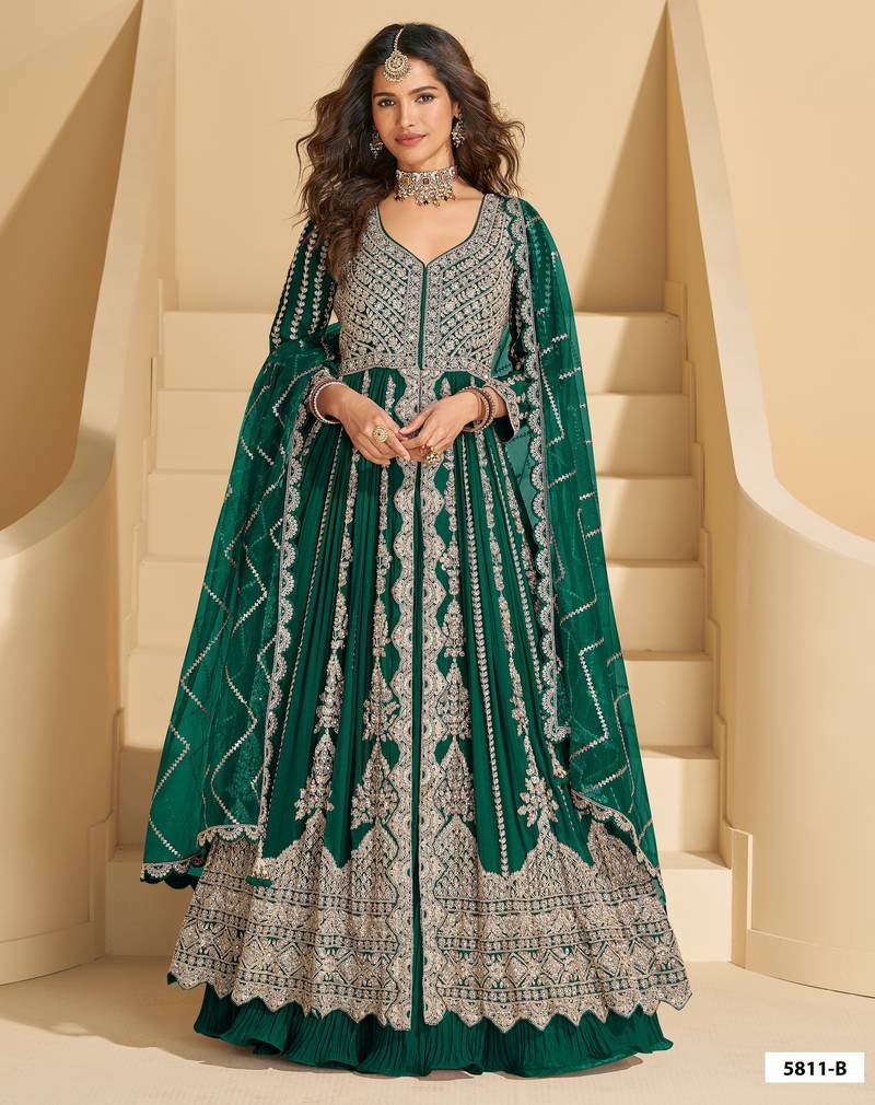 Green chinon heavy sequins anarkali with skirt & dupatta