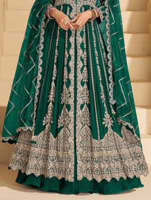 green chinon heavy sequins anarkali with skirt & dupatta 2