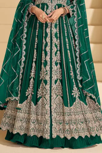 green chinon heavy sequins anarkali with skirt & dupatta