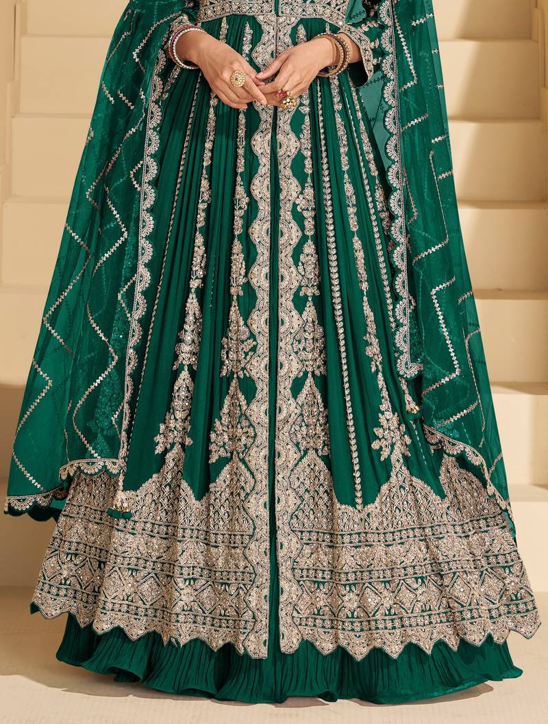 Green chinon heavy sequins anarkali with skirt & dupatta