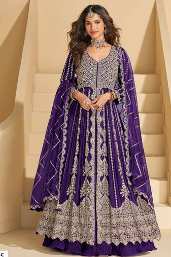 Dark purple chinon anarkali with skirt & dupatta
