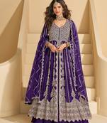 Dark purple chinon anarkali with skirt & dupatta