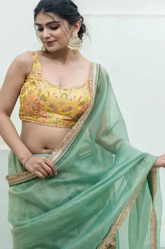Floral Woven Design Banarsi Sleeveless Padded Cotton Saree Blouse