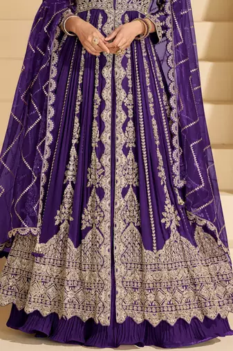 dark purple chinon anarkali with skirt & dupatta