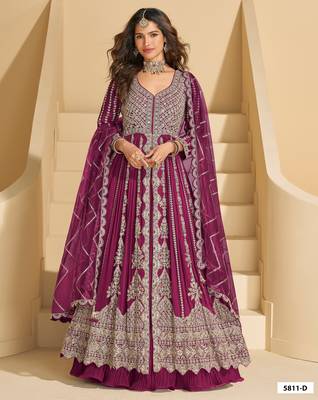 wine chinon heavy sequins anarkali with skirt & dupatta 1