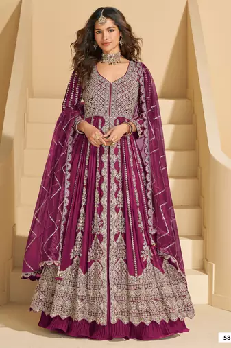 Wine chinon heavy sequins anarkali with skirt & dupatta
