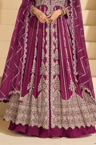 wine chinon heavy sequins anarkali with skirt & dupatta