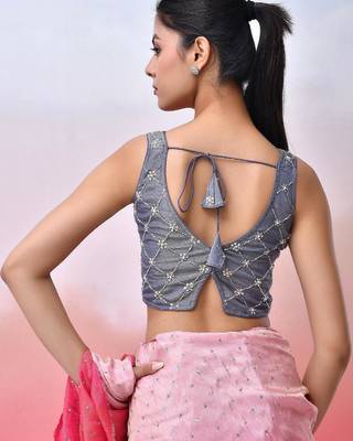 Embellished Sleeveless Padded Tissue Saree Blouse 2