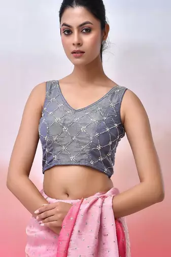 Embellished Sleeveless Padded Tissue Saree Blouse