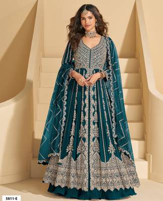teal chinon heavy sequins anarkali with skirt & dupatta 1