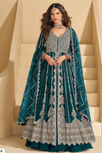 Teal chinon heavy sequins anarkali with skirt & dupatta