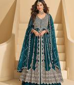Teal chinon heavy sequins anarkali with skirt & dupatta