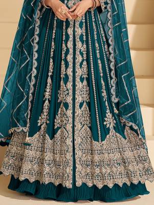 teal chinon heavy sequins anarkali with skirt & dupatta 2