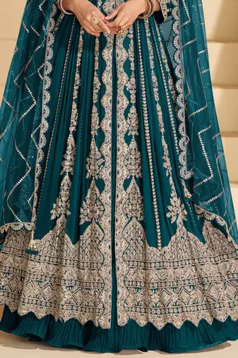 teal chinon heavy sequins anarkali with skirt & dupatta