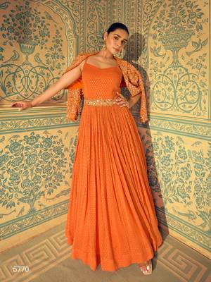 orange embroidered georgette gown with jacket 1