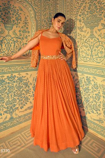 Orange embroidered georgette gown with jacket