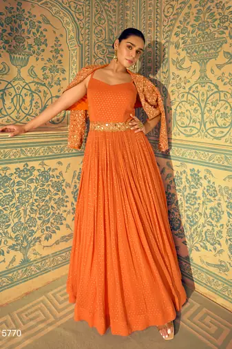 Orange embroidered georgette gown with jacket