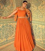 Orange embroidered georgette gown with jacket
