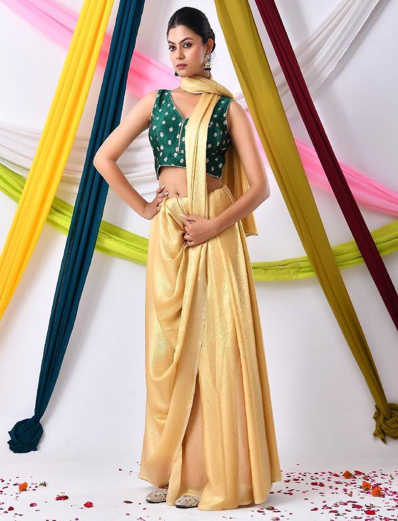 Woven Designed Sleeveless Embossed V Neck Saree Blouse