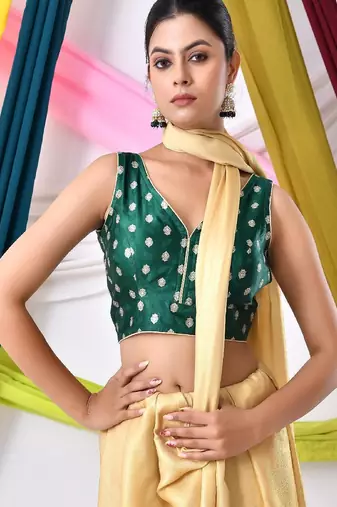 Woven Designed Sleeveless Embossed V Neck Saree Blouse