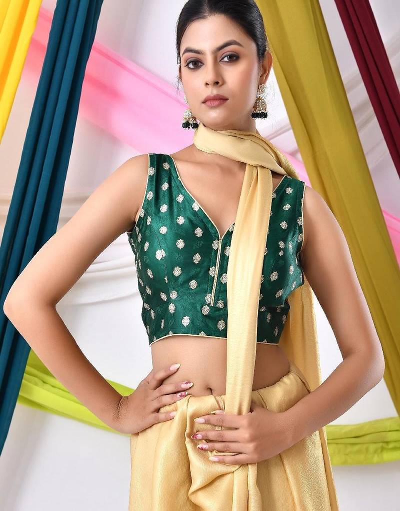 Woven Designed Sleeveless Embossed V Neck Saree Blouse