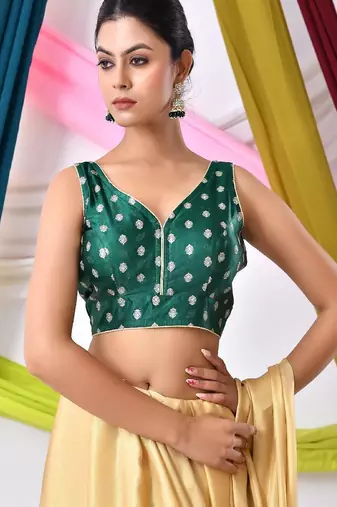 Woven Designed Sleeveless Embossed V Neck Saree Blouse