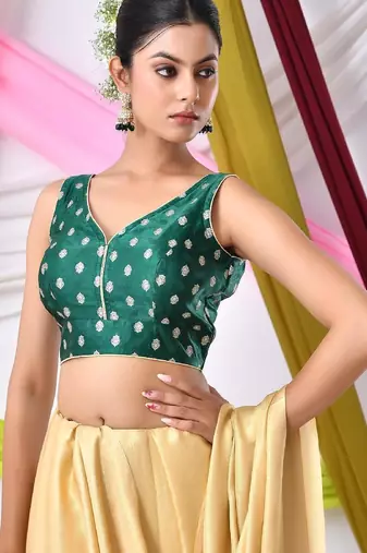 Woven Designed Sleeveless Embossed V Neck Saree Blouse