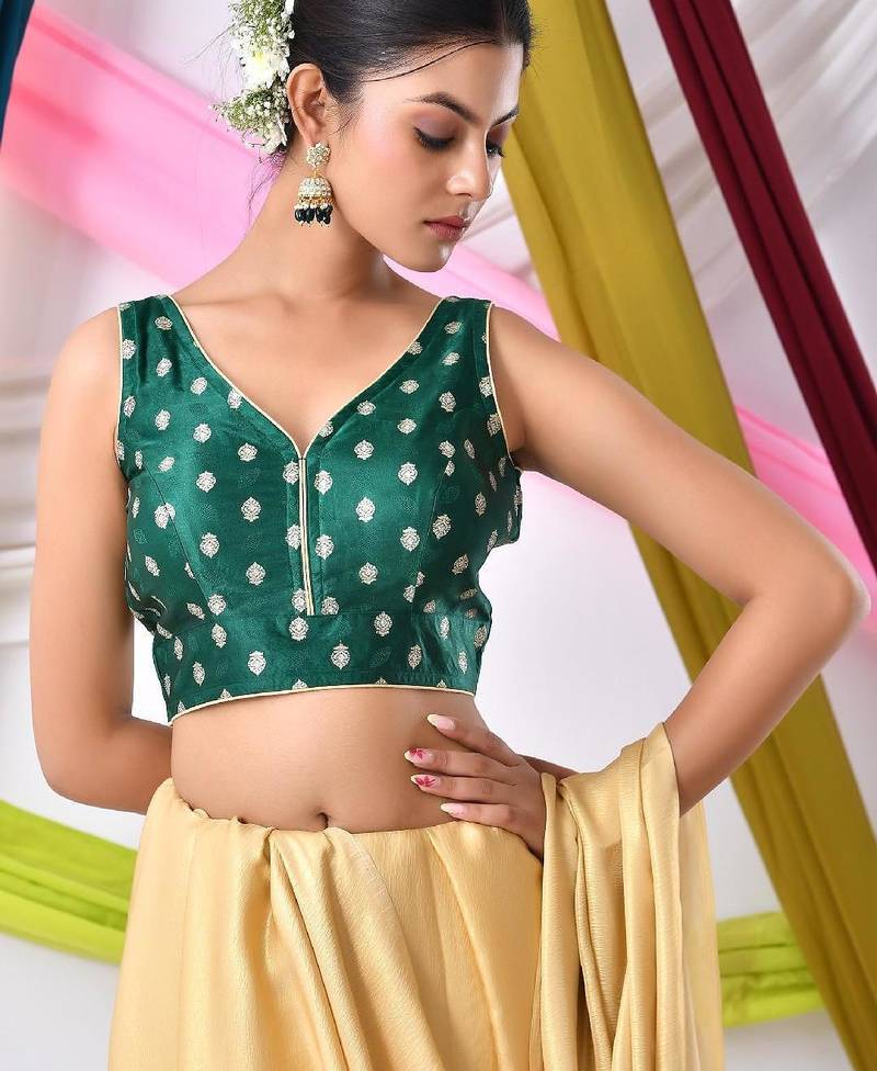 Woven Designed Sleeveless Embossed V Neck Saree Blouse