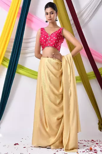 Woven Designed Golden Motifs V Neck Sleeveless Saree Blouse