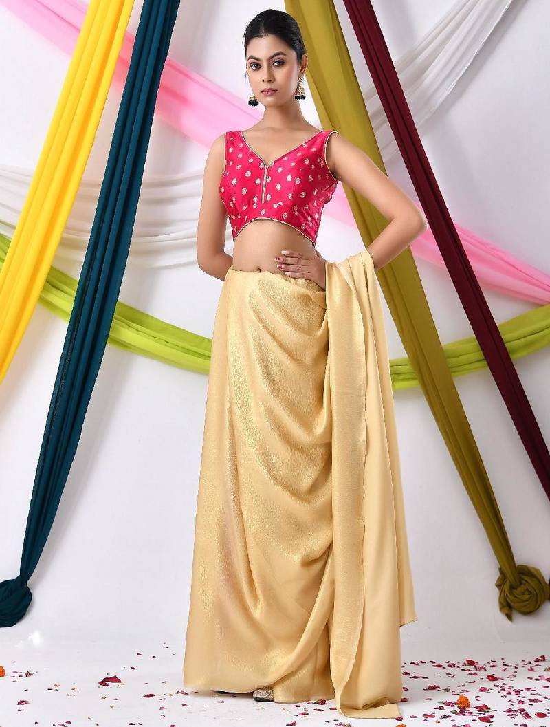 Woven Designed Golden Motifs V Neck Sleeveless Saree Blouse