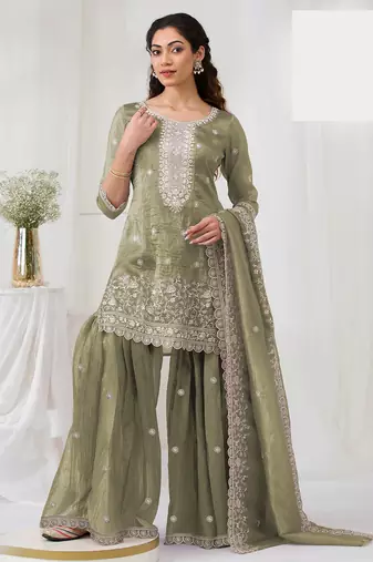 Green embroidered georgette sharara suit