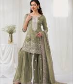 Green embroidered georgette sharara suit