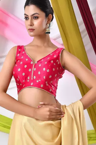 Woven Designed Golden Motifs V Neck Sleeveless Saree Blouse