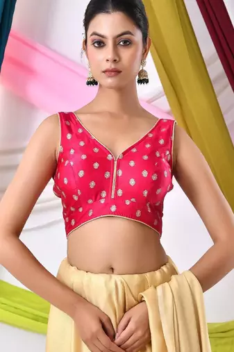 Woven Designed Golden Motifs V Neck Sleeveless Saree Blouse