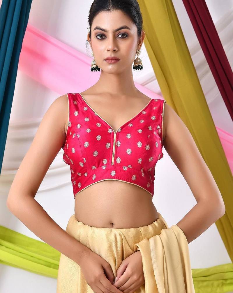 Woven Designed Golden Motifs V Neck Sleeveless Saree Blouse