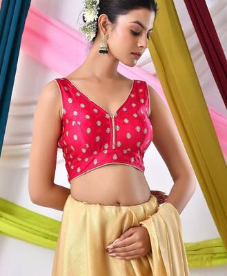 Woven Designed Golden Motifs V Neck Sleeveless Saree Blouse 4