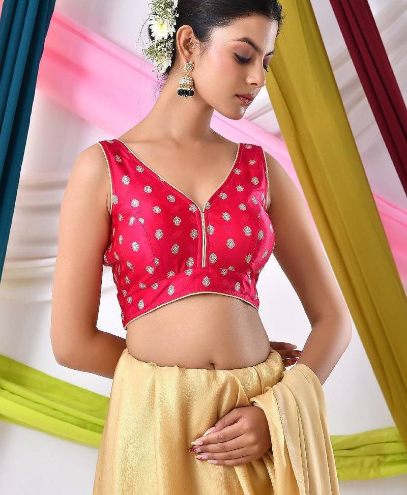 Woven Designed Golden Motifs V Neck Sleeveless Saree Blouse