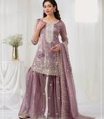 Purple embroidered georgette sharara suit stitched