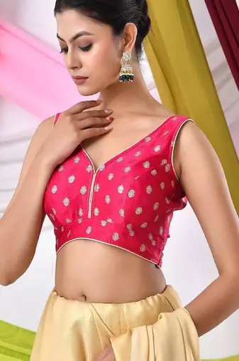 Woven Designed Golden Motifs V Neck Sleeveless Saree Blouse