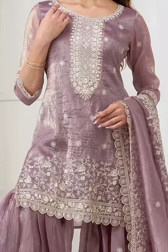 purple embroidered georgette sharara suit stitched