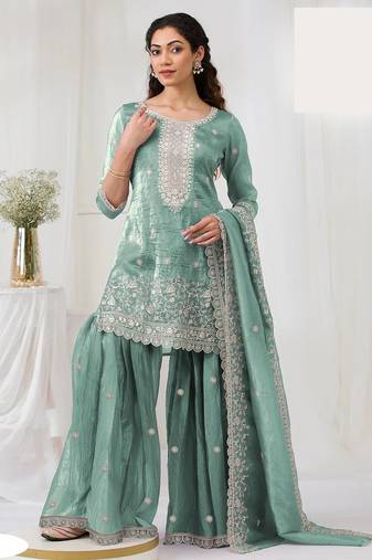 Sea green embroidered georgette sharara suit stitched