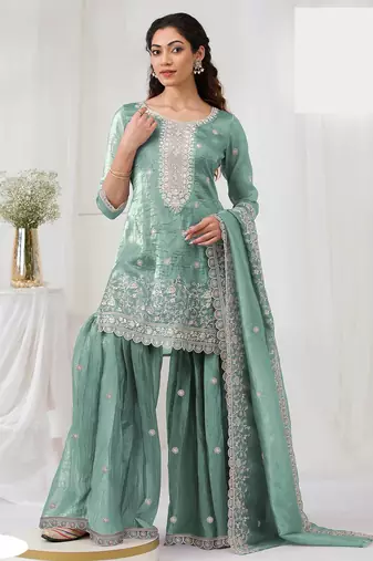 Sea green embroidered georgette sharara suit stitched