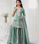 Sea green embroidered georgette sharara suit stitched