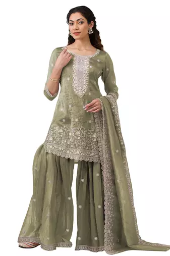 green embroidered georgette sharara suit