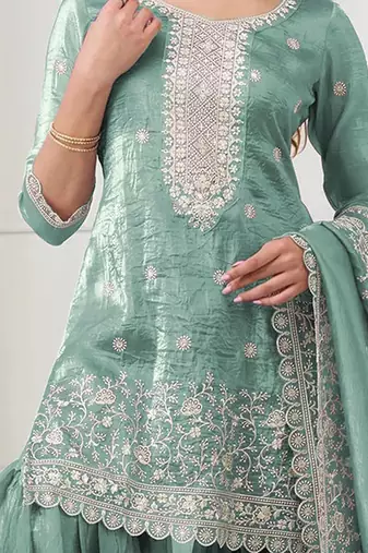 sea green embroidered georgette sharara suit stitched