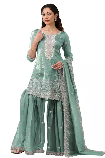 sea green embroidered georgette sharara suit stitched
