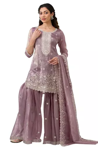 purple embroidered georgette sharara suit stitched
